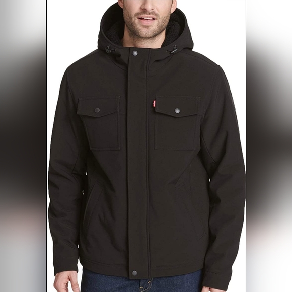 Levi's Black Soft Shell Sherpa Lined Hooded Trucker Jacket Medium Men's - Picture 2 of 8